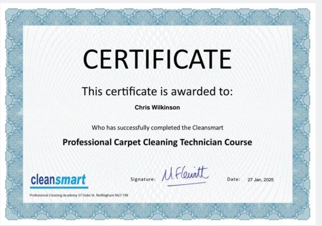 CW certificate of Professional carpet cleaning technician
